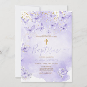 Lavender Gold Purple Butterfly Baptism Invitation