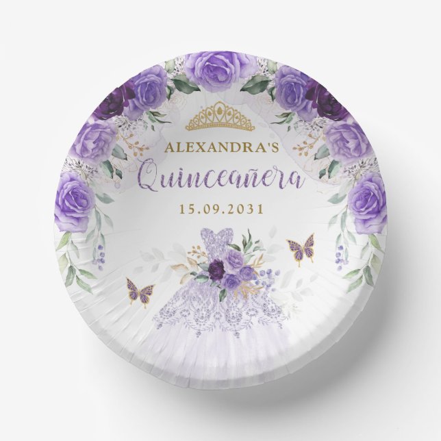 Lavender Gold Quinceanera Dress 15th Birthday Paper Plate (Front)