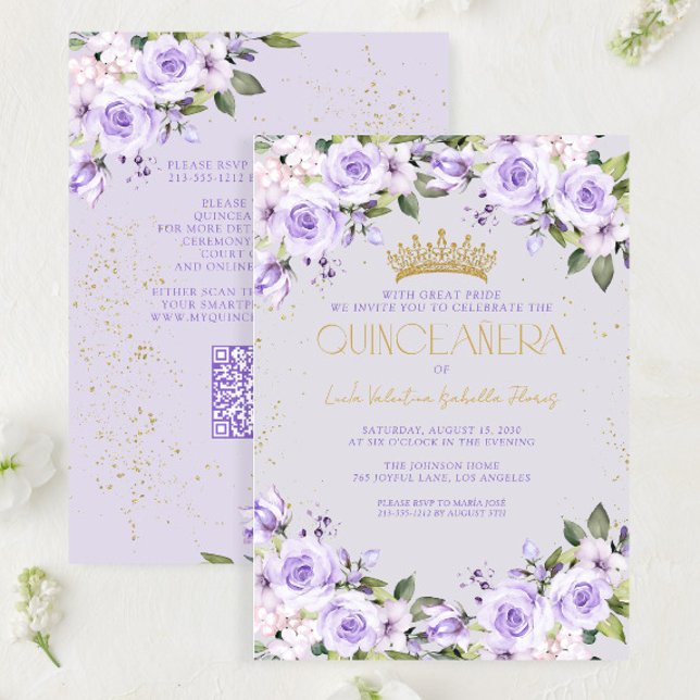 Lavender Gold Quinceañera Mis Quince QR Code Invitation (Creator Uploaded)