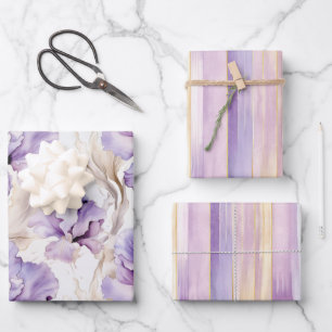 Lavender Gold Stripes Iris Flowers Bridal Shower Wrapping Paper Sheet