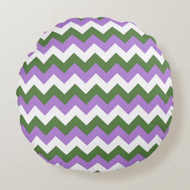 Lavender, Green and White Chevron Zigzag Round Pillow (Front)