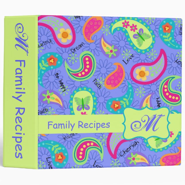 Lavender Green Modern Paisley Pattern Monogram Binder (Front/Spine)