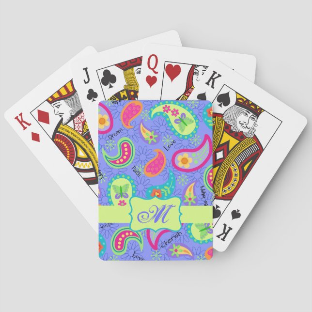 Lavender Green Modern Paisley Pattern Monogram Playing Cards (Back)