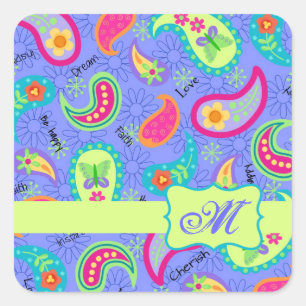 Lavender Green Modern Paisley Pattern Monogram Square Sticker