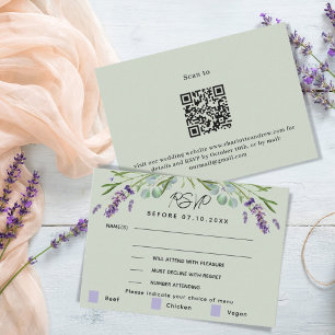 Lavender green wedding menu QR response RSVP card