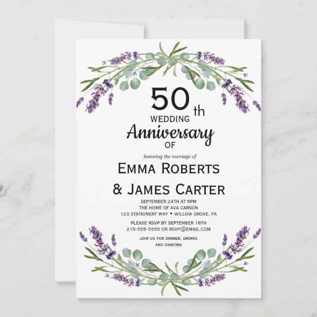 Lavender Greenery 50th Anniversary  Invitation (Front)