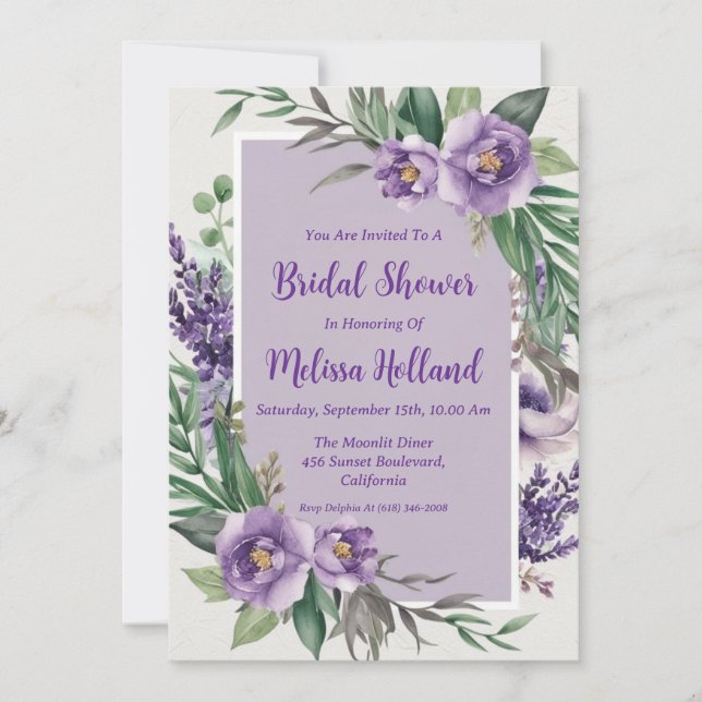lavender greenery purple floral bridal shower invitation (Front)
