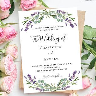 Lavender greenery purple florals script wedding invitation