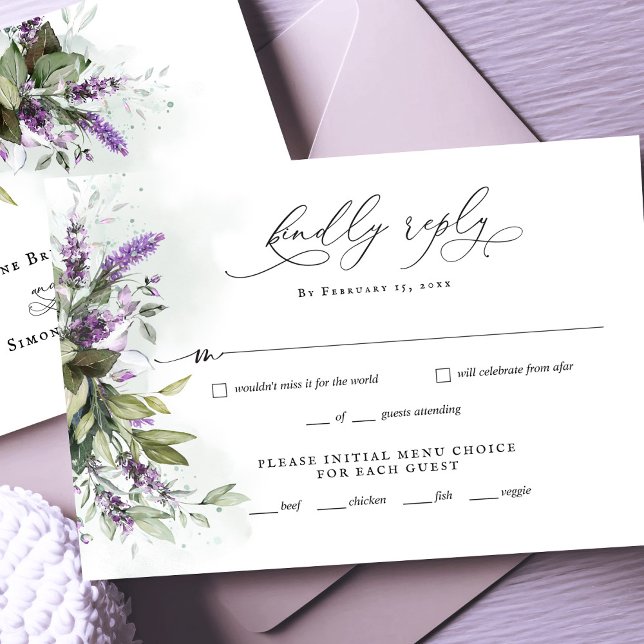 Lavender Greenery Script Wedding Carte de réponse  (Créateur téléchargé)