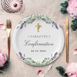 Lavender greenery violet florals Confirmation Paper Plate<br><div class="desc">A white background. Decorated with lavender florals,  eucalyptus greenery and a faux gold cross.   Personalize and add a name and a date.</div>