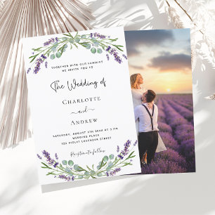 Lavender greenery violet florals photo wedding invitation
