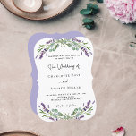 Lavender greenery violet florals wedding  invitation<br><div class="desc">A white background decorated with lavender flowers and eucalyptus greenery. Personalize and your names and details. 
Back: lavender,  violet coloured background.</div>