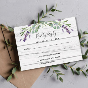 Lavender greenery white wood wedding response RSVP Card