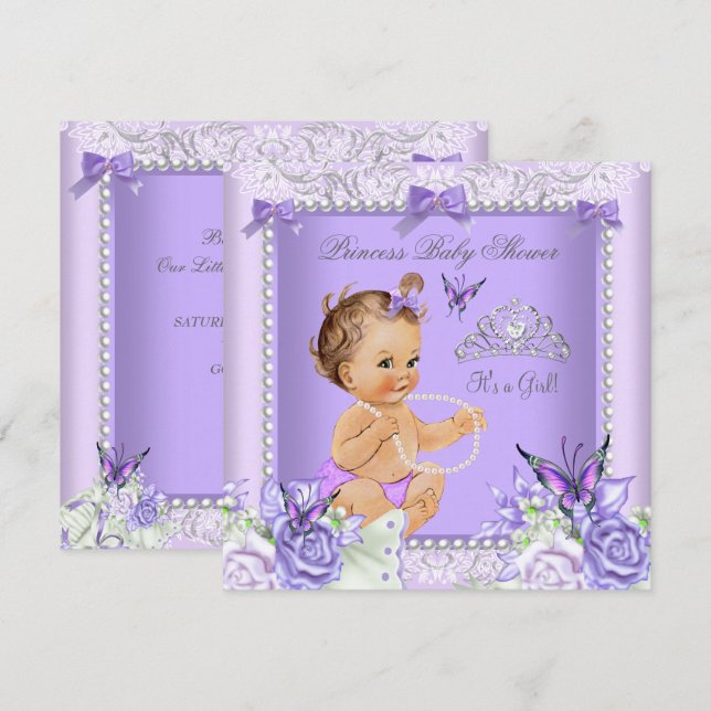 Lavender Grey Baby Shower Girl Brunette Invitation (Front/Back)