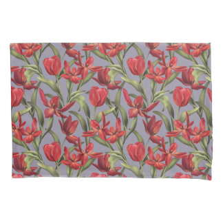 Lavender Grey background with Red Tulips Pillowcase
