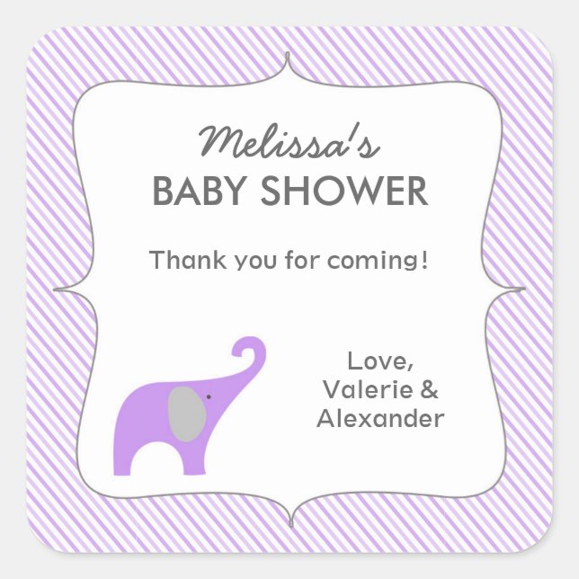 Lavender grey elephant baby shower favour thank yo square sticker (Front)