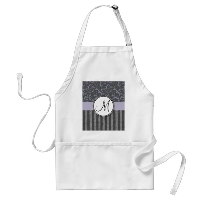 Lavender Grey Floral Wisps & Stripes with Monogram Standard Apron (Front)