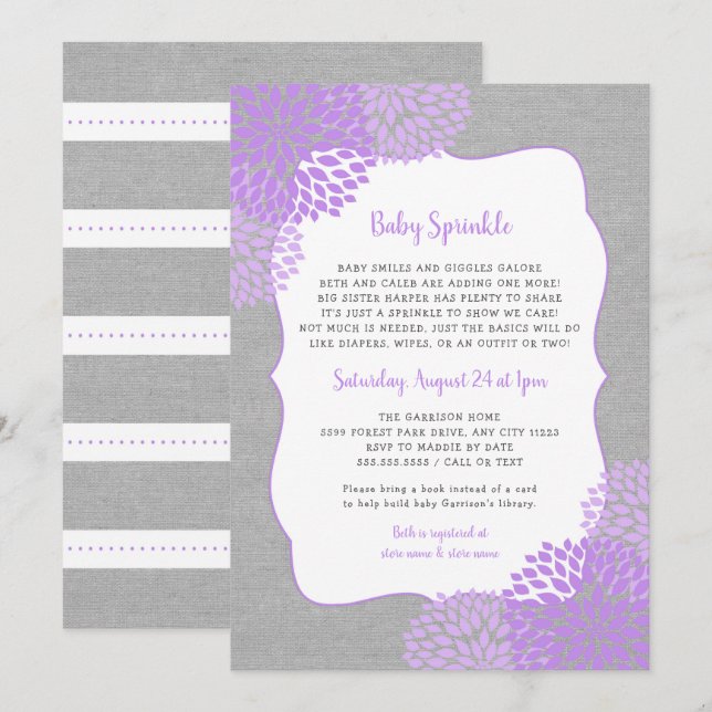 Lavender Grey Girl Baby Sprinkle invitation (Front/Back)
