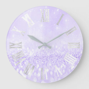Lavender  Grey Silver Glitter Metal Roman Numers Large Clock