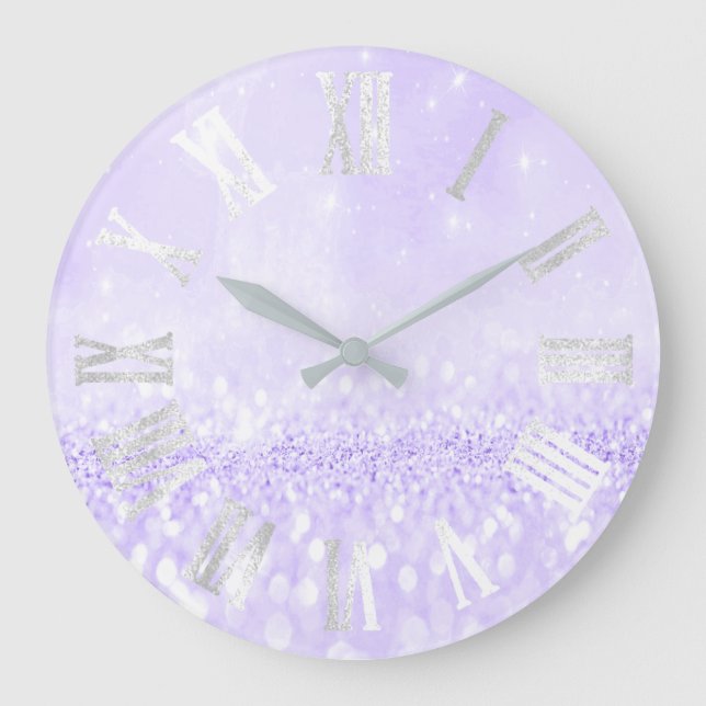 Lavender  Grey Silver Glitter Metal Roman Numers Large Clock (Front)