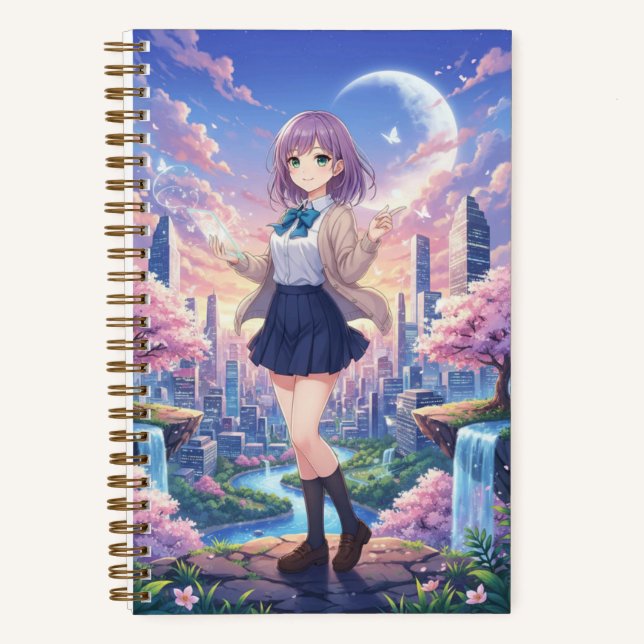 Lavender Hair Anime Girl & Sunset Cityscape  Notebook (Front)