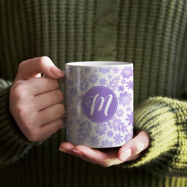 Lavender Hand Drawn Floral Pattern & Monogram Coffee Mug (Purple Floral Monogram Patterned Mug)