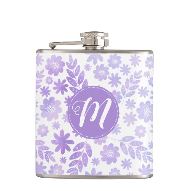 Lavender Hand Drawn Floral Pattern & Monogram Hip Flask (Front)