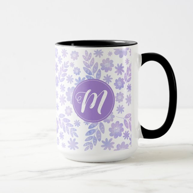 Lavender Hand Drawn Floral Pattern & Monogram Mug (Right)