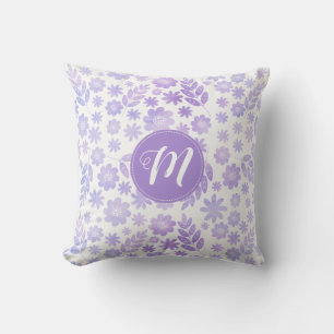 Lavender Hand Drawn Floral Pattern & Monogram Throw Pillow