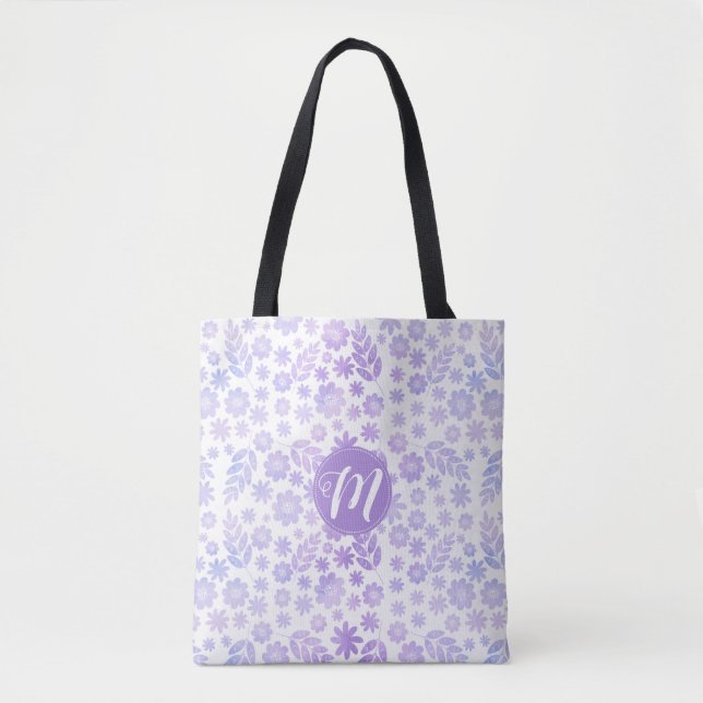 Lavender Hand Drawn Floral Pattern & Monogram Tote Bag (Front)