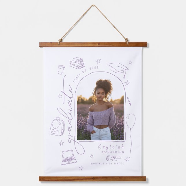 Lavender Hand Drawn Photo Graduation  Hanging Tapestry (Front)