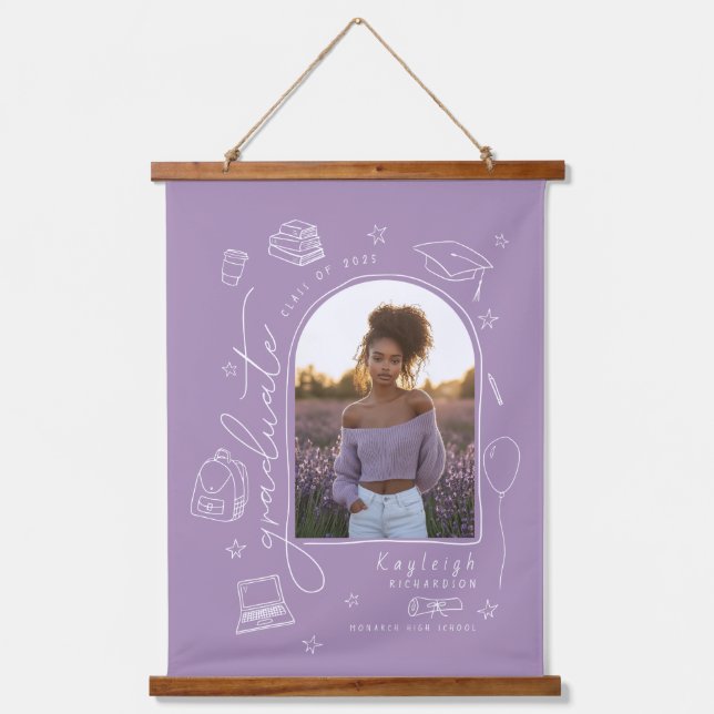 Lavender Hand Drawn Photo Graduation  Hanging Tapestry (Front)