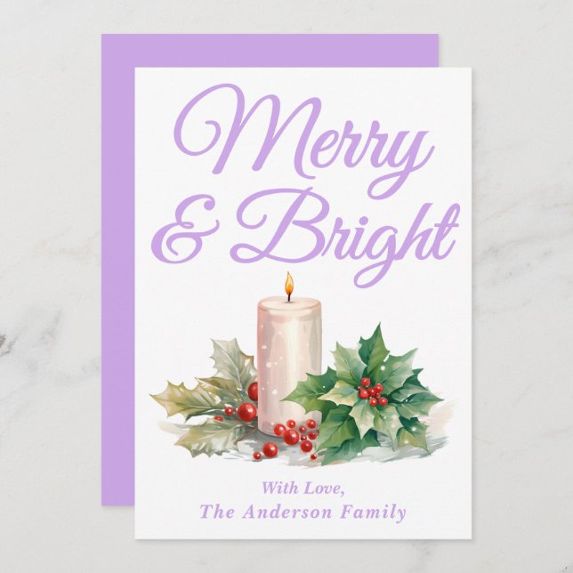 Lavender Handwritten Script Merry & Bright Holiday Card (Front/Back)