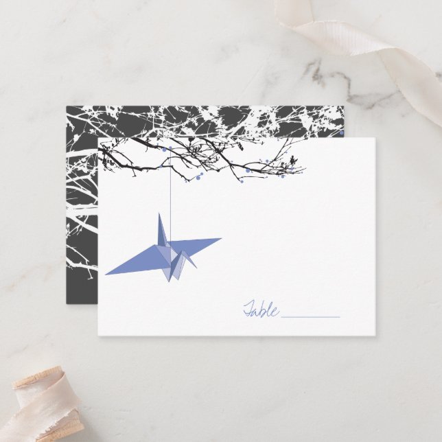 Lavender Hanging Crane On Branches Asian Wedding Place Card (Front/Back In Situ)