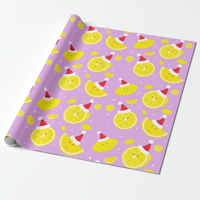 Lavender Happy Lemons Santa Hats Pattern Wrapping Paper (Unrolled)