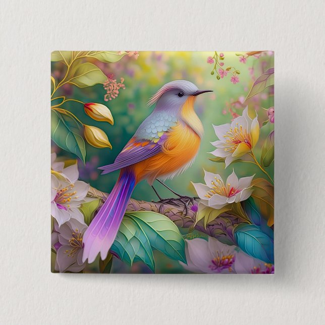 Lavender Headed Orange Breasted Fantasy Bird 2 Inch Square Button (Front)