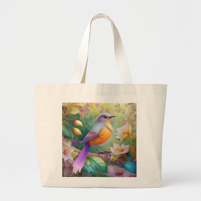 Lavender Headed Orange Breasted Fantasy Bird Large Tote Bag (Front)