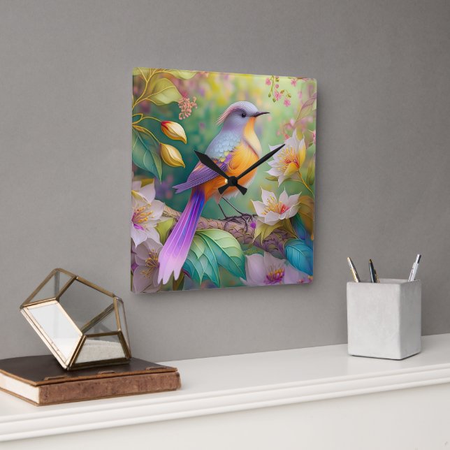 Lavender Headed Orange Breasted Fantasy Bird Square Wall Clock (Office)