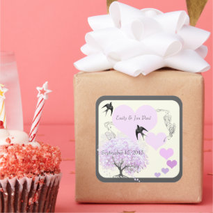 Lavender Heart Leaf Tree Wedding Square Sticker