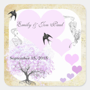 Lavender Heart Leaf Tree Wedding Square Sticker