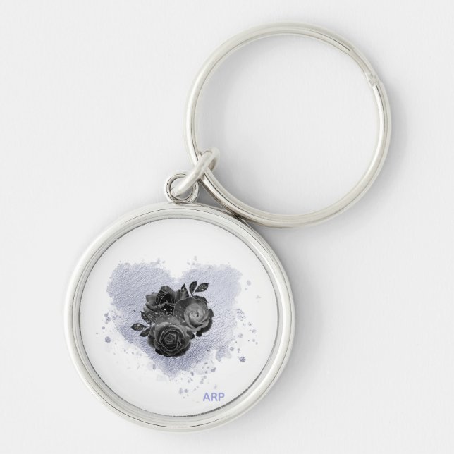 *~* Lavender Heart White Black Roses Romantic Keychain (Front)