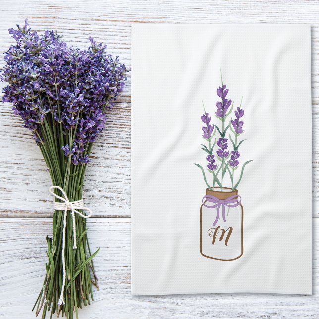 Lavender Herbs in a Mason Jar Monogram Kitchen Towel (Creator Uploaded)