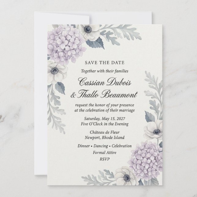 Lavender Hydrangea & Anemone Botanical Elegant  Invitation (Front)