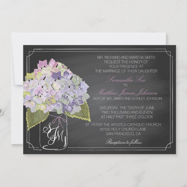 Lavender Hydrangea Chalkboard Rustic Wedding Invitation (Front)