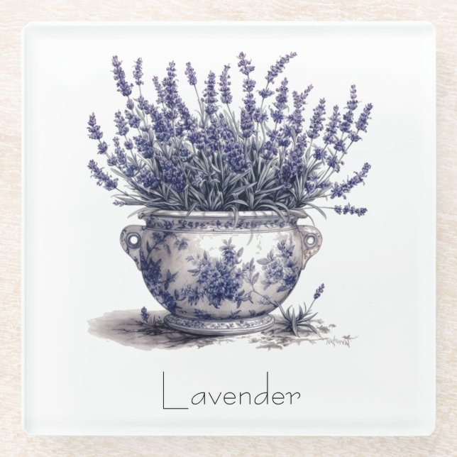 Lavender in Delft Blue customizable  Glass Coaster (Front)