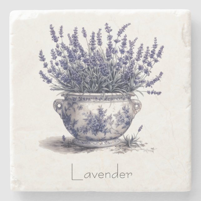 Lavender in Delft Blue customizable  Stone Coaster (Front)