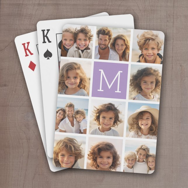 Lavender Instagram Photo Collage Custom Monogram Playing Cards (Personalized Playing Cards with 11 Photos and a bright monogram in the center)