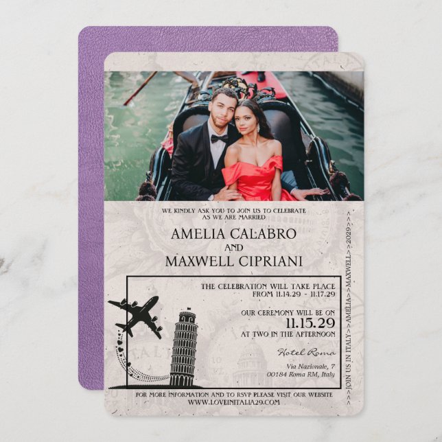 Lavender Italy Passport Wedding Invitation (Front/Back)