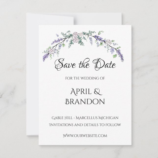 Lavender Ivory Rose and Eucalyptus Save The Date (Front)