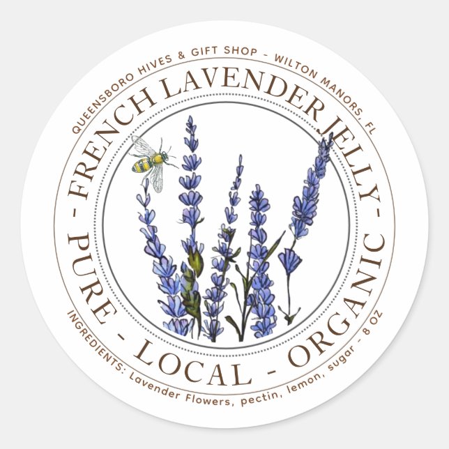 LAVENDER JELLY LABEL with lavender and honeybee (Front)